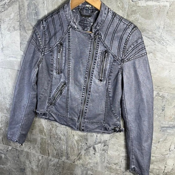 Vintage Jou Jou Distressed Cropped Grey Faux Leather Biker Bomber Jacket Size M - Picture 2 of 8